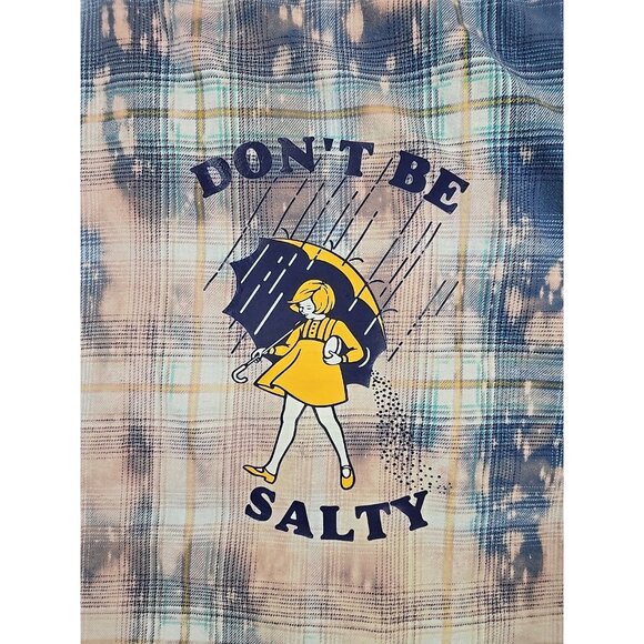 OOAK Upcycled Flannel Shirt Humor Don't Be Salty Graphic Boyfriend Fit Large - Picture 2 of 13